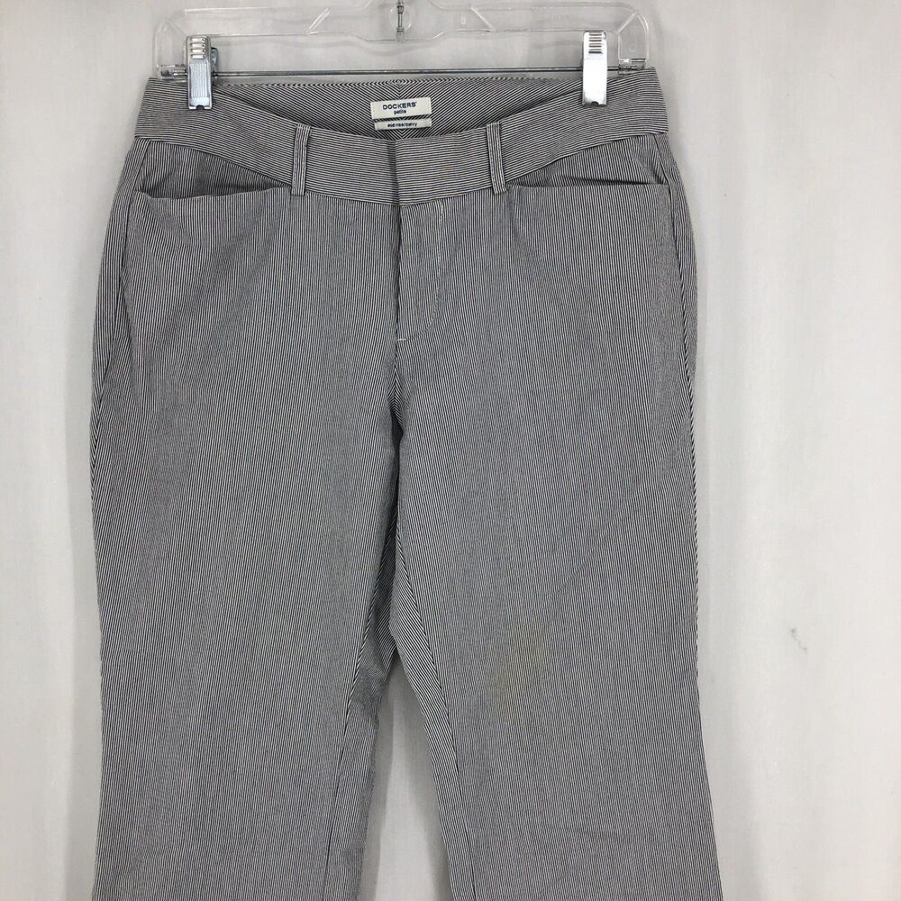 Dockers Metro Pants Mid Rise Curvy Blue Railroad Pin Stripe Trousers 4 Petite